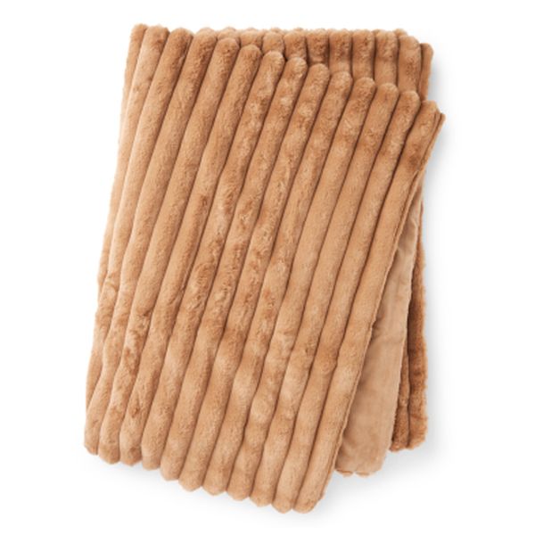 Cognac Stripy Faux Fur Blanket