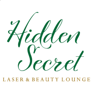 A graphic logo with words Hidden Secret in green script font and underneath the words Laser and beauty lounge in yellow.